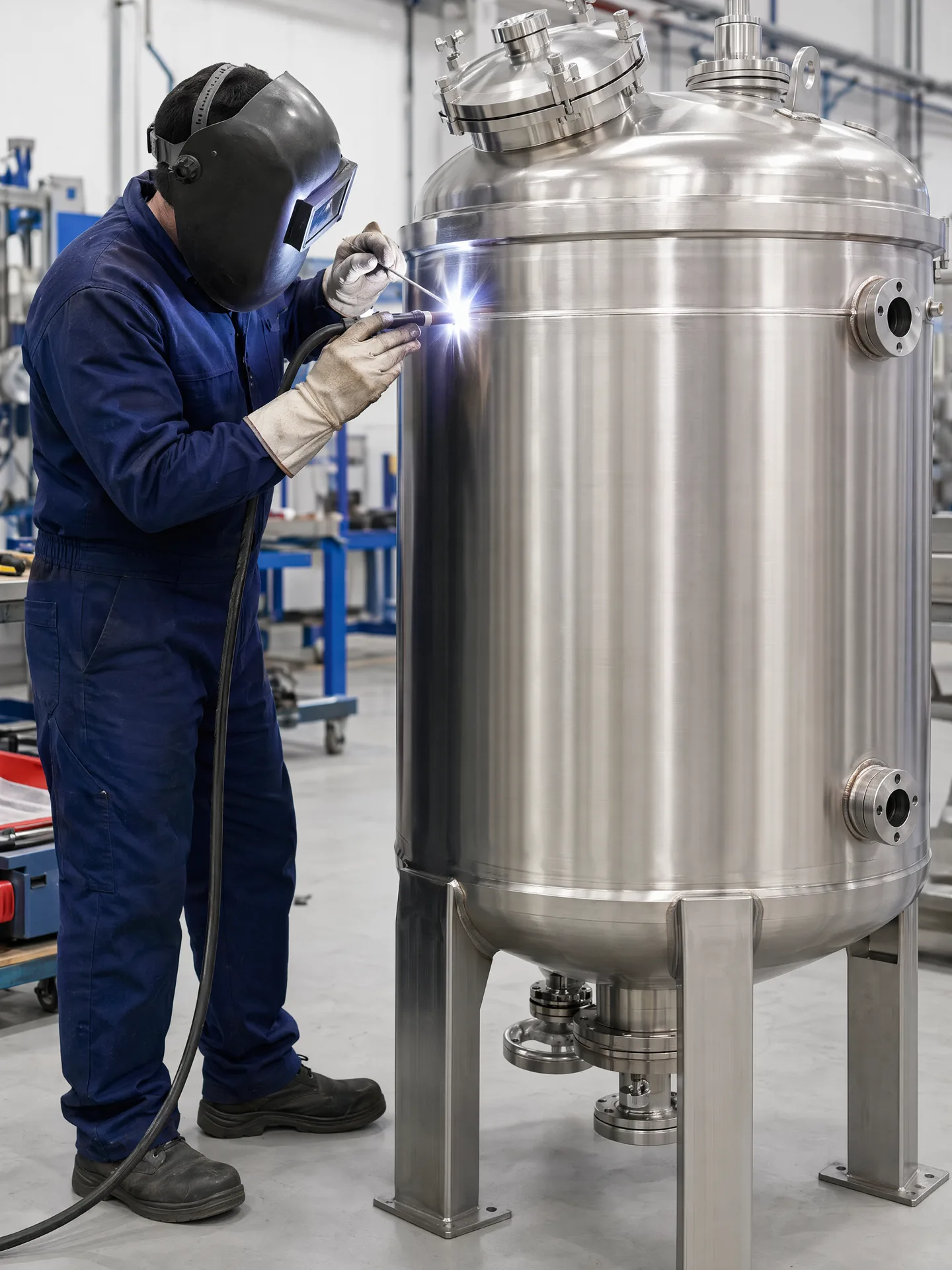 Welder performing one controlled fabrication action on a tank body