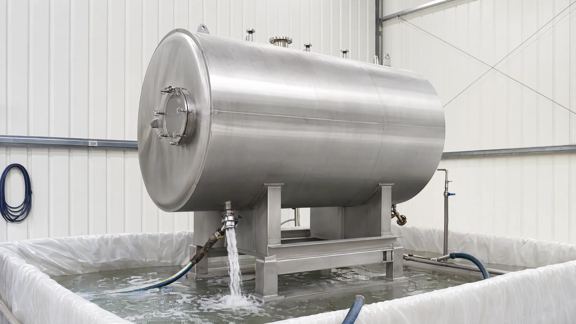 Horizontal tank in a controlled water-test containment setup