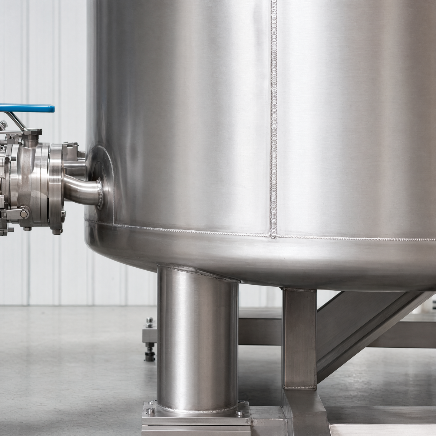 Controlled weld and connection detail on a stainless-steel tank