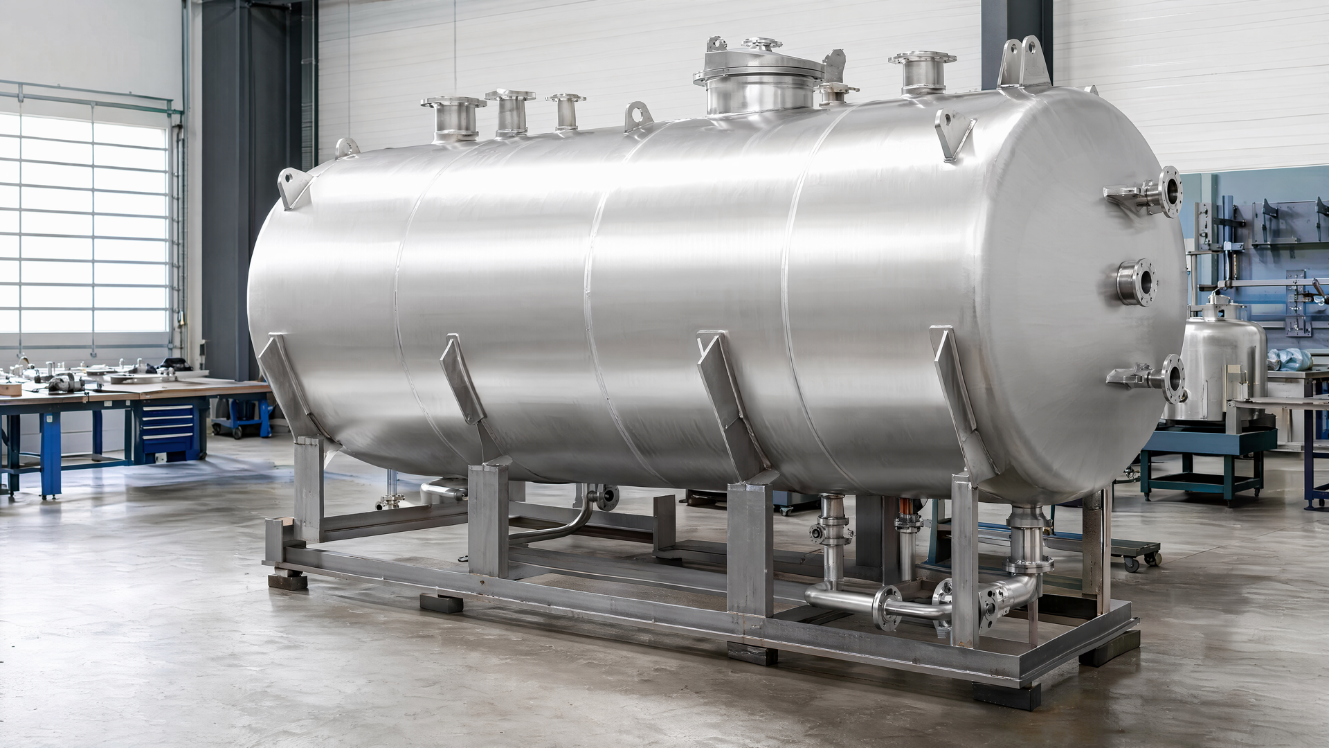Complete horizontal tank staged for final fit-up