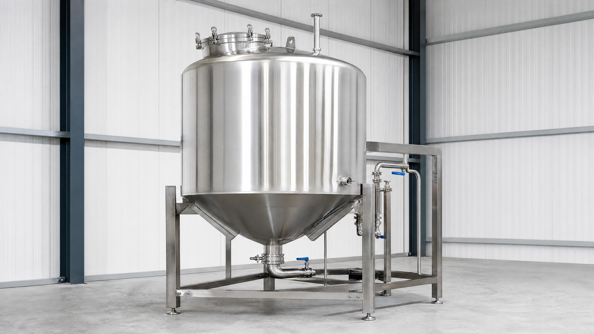 Complete stainless-steel chemical tank with coordinated frame and connected interfaces