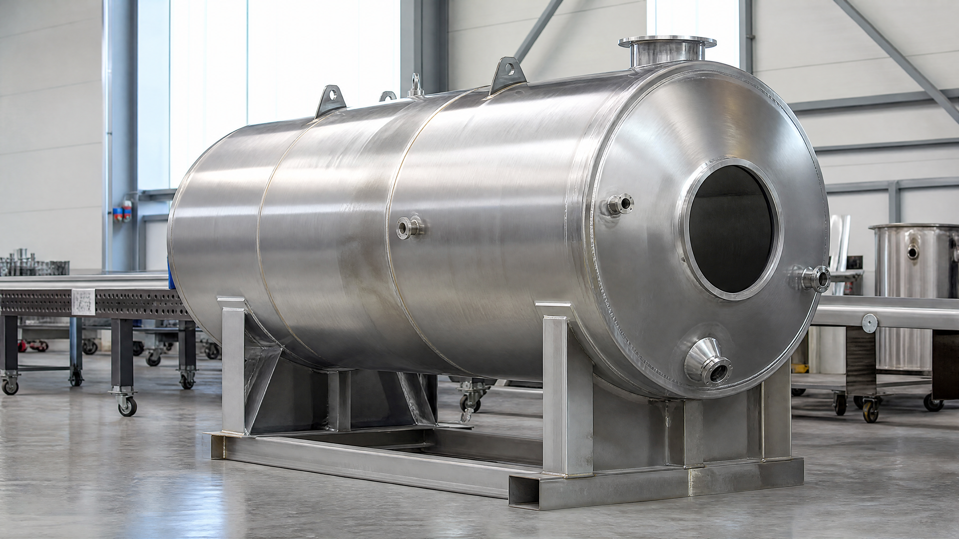 Horizontal stainless-steel tank shell in progress on stable supports