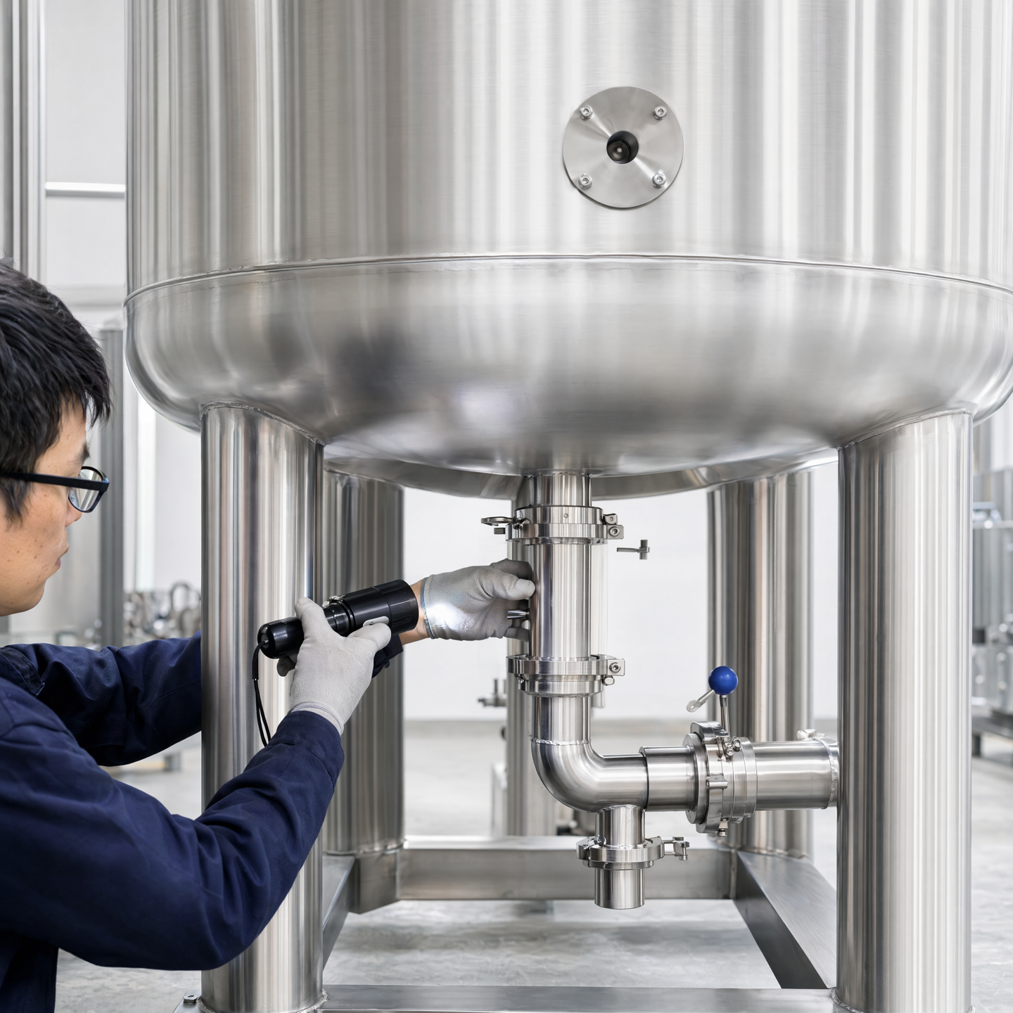 Technician performing a gas-tightness or leak inspection at a tank interface