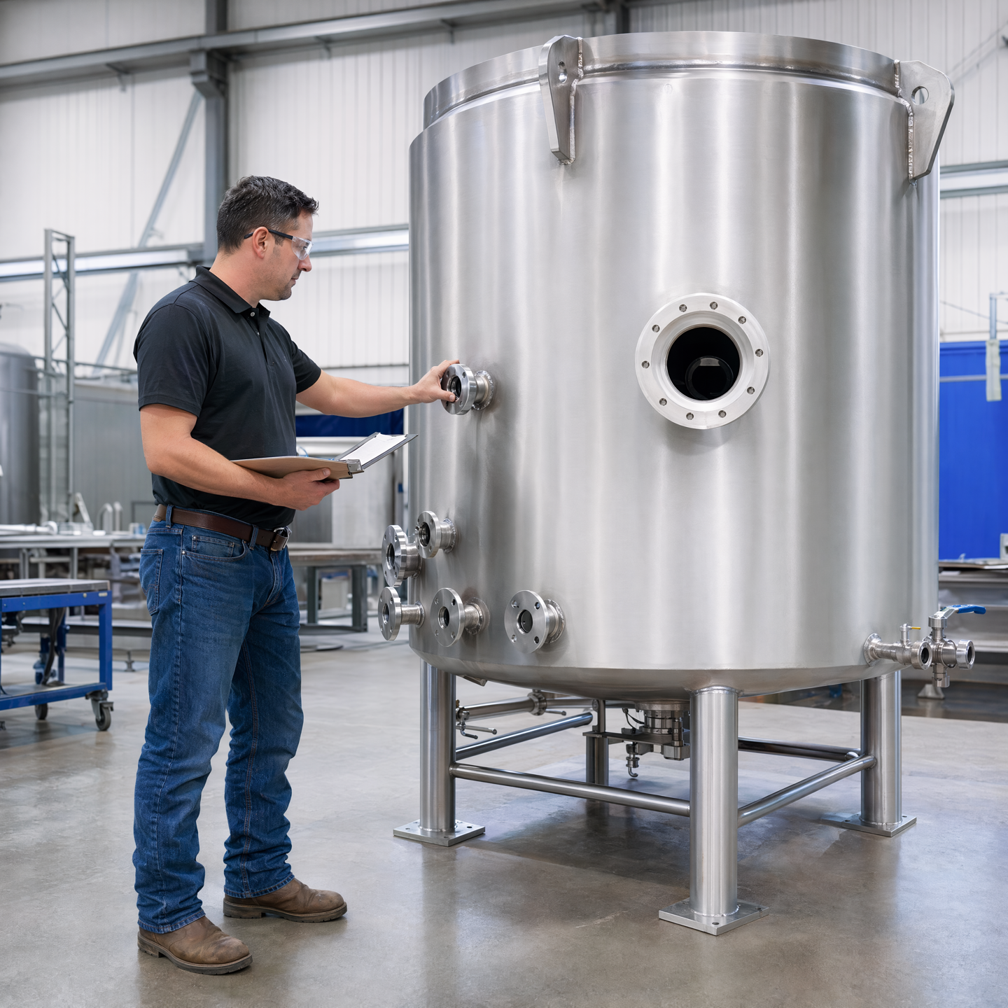 Engineer clarifying agreed tank interfaces beside a complete unit