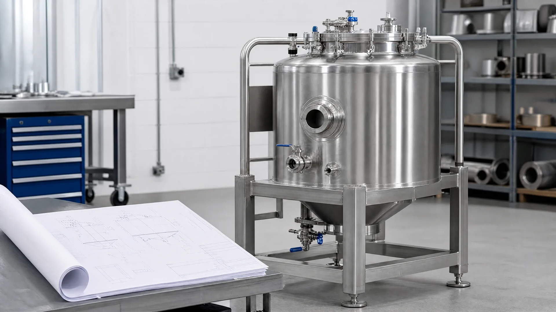 Confidential drawing-review scene beside a complete stainless-steel tank