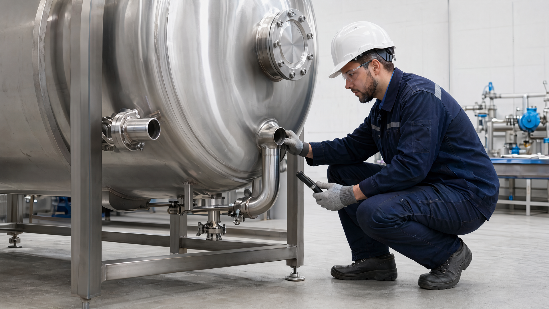 Inspector checking weld and nozzle connections during water-test preparation